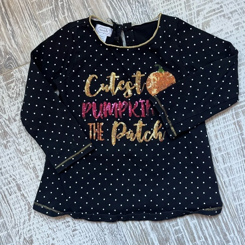 Mud pie Black Cutest Pumpkin in the Patch Shirt EUC Glitter Sequin 2t 3t
